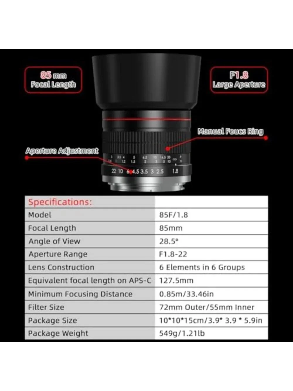 85mm f/1.8 Portrait Lens - Manual Focus for Canon DSLR Cameras, Perfect for